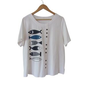 Womens White Fish Print Blouse XL Button Front Short Sleeves Nautical Boho